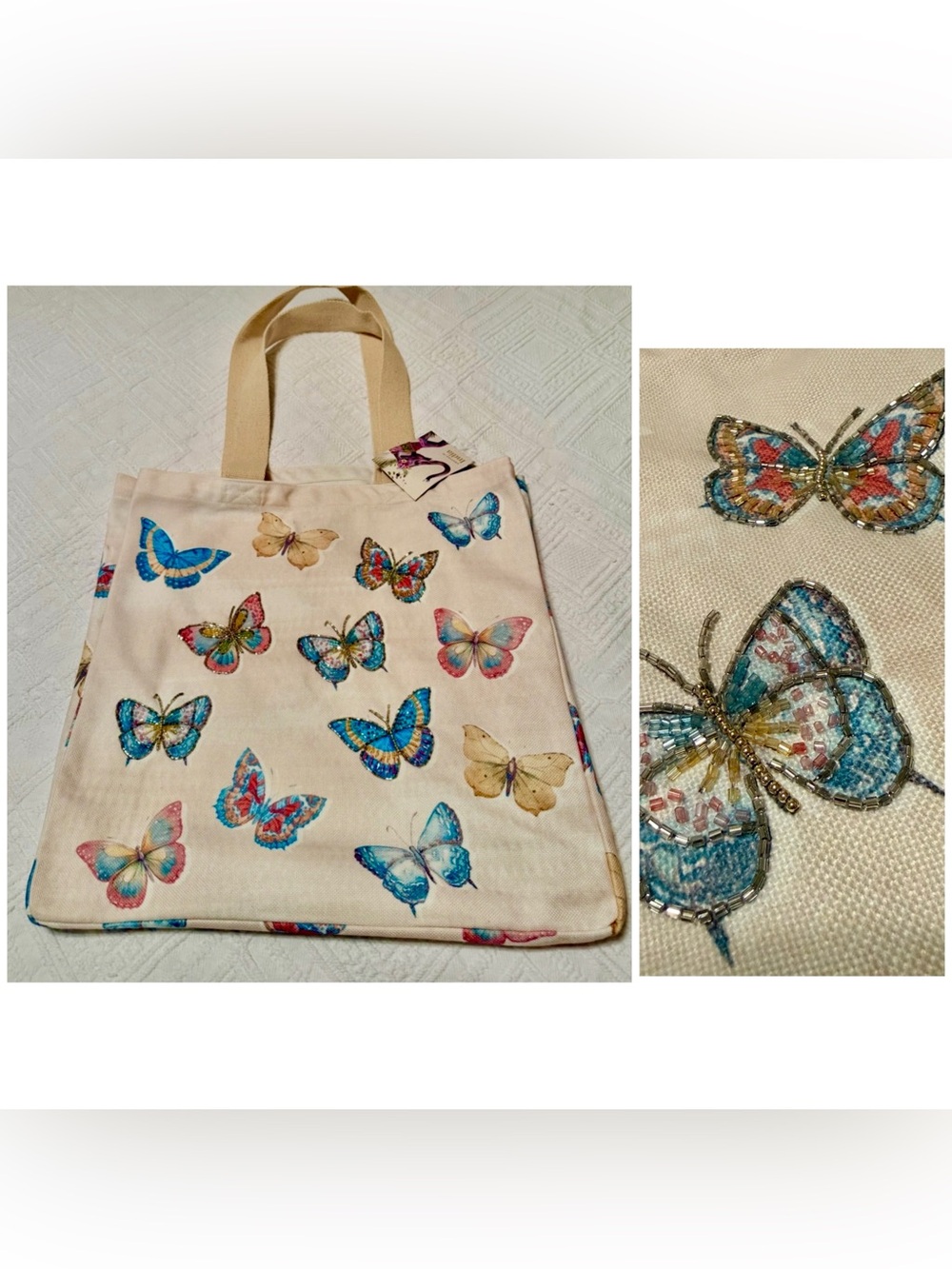 Tote - butterflies w/ bead accents - 15x15x5. New!  W/tags Perfect unused